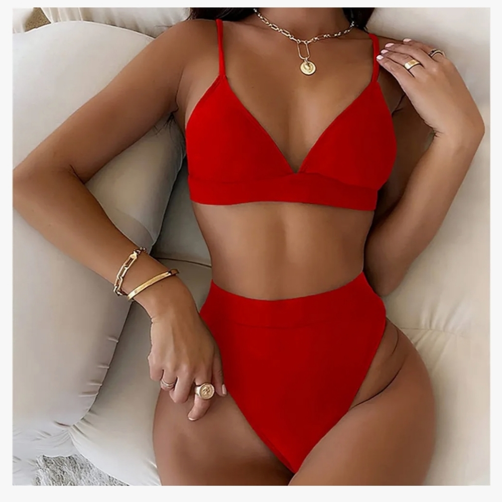 Women's Red Tankini Swimsuit Set with High Cut Bottom Size Small